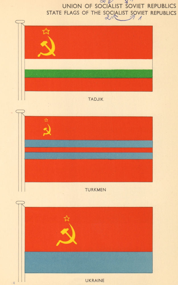 USSR FLAGS. Union of Socialist Soviet Republics. Tadjik, Turkmen, Ukraine 1955